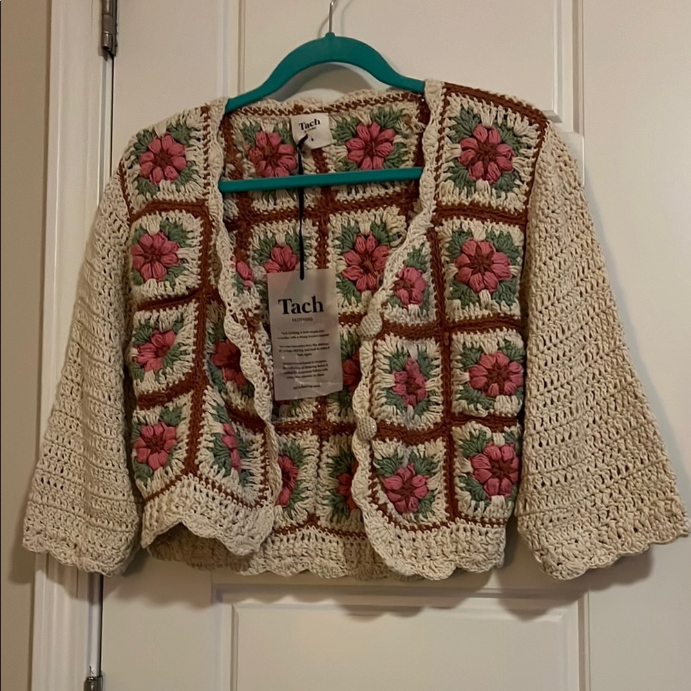 TACH Cream and Pink Floral Cardigan Sweater